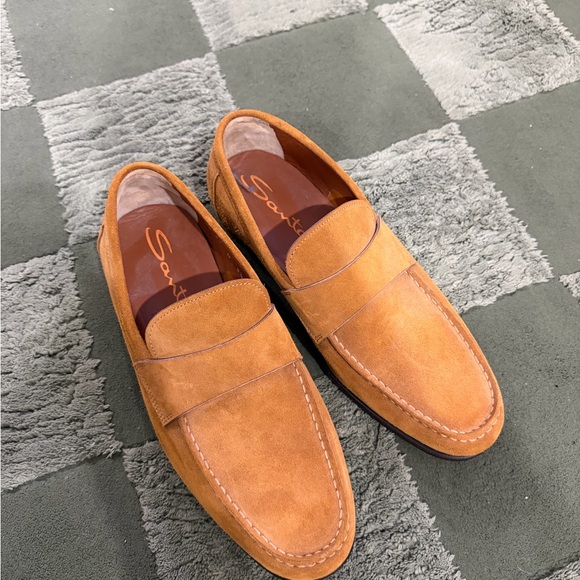 NWOT Santoni Men's Brown Suede Penny Loafers - Picture 5 of 7
